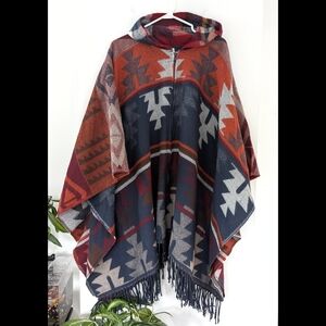 Girl Krazy Red and Blue Geometric Accent Poncho